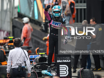 Pierre Gasly of the Alpine F1 Team A524 celebrates his podium during the Formula 1 Grand Prix of Brazil at Autodromo Jose Carlos Pace in Sao...