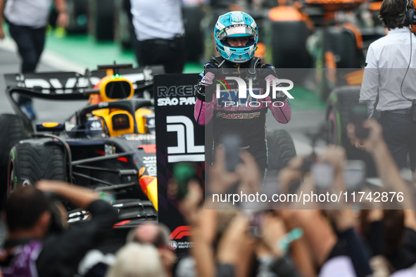 Pierre Gasly of the Alpine F1 Team A524 celebrates his podium during the Formula 1 Grand Prix of Brazil at Autodromo Jose Carlos Pace in Sao...