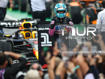 Pierre Gasly of the Alpine F1 Team A524 celebrates his podium during the Formula 1 Grand Prix of Brazil at Autodromo Jose Carlos Pace in Sao...