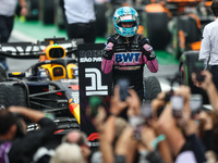 Pierre Gasly of the Alpine F1 Team A524 celebrates his podium during the Formula 1 Grand Prix of Brazil at Autodromo Jose Carlos Pace in Sao...