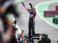 Esteban Ocon of the Alpine F1 Team celebrates his podium during the Formula 1 Grand Prix of Brazil at Autodromo Jose Carlos Pace in Sao Paul...