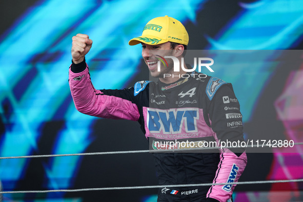 Pierre Gasly of the Alpine F1 Team A524 celebrates his podium during the Formula 1 Grand Prix of Brazil at Autodromo Jose Carlos Pace in Sao...