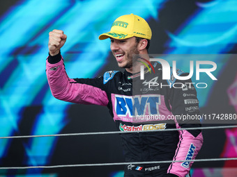 Pierre Gasly of the Alpine F1 Team A524 celebrates his podium during the Formula 1 Grand Prix of Brazil at Autodromo Jose Carlos Pace in Sao...