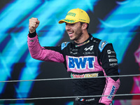 Pierre Gasly of the Alpine F1 Team A524 celebrates his podium during the Formula 1 Grand Prix of Brazil at Autodromo Jose Carlos Pace in Sao...