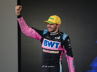 Esteban Ocon of the Alpine F1 Team A524 celebrates his podium during the Formula 1 Grand Prix of Brazil at Autodromo Jose Carlos Pace in Sao...