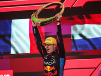 Max Verstappen of Red Bull Racing RB20 celebrates his victory on the podium during the Formula 1 Grand Prix of Brazil at Autodromo Jose Carl...