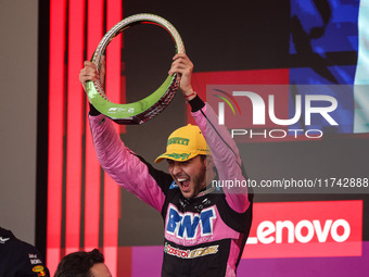 Esteban Ocon of the Alpine F1 Team A524 celebrates his podium during the Formula 1 Grand Prix of Brazil at Autodromo Jose Carlos Pace in Sao...