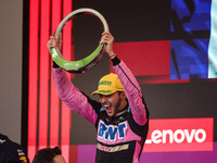 Esteban Ocon of the Alpine F1 Team A524 celebrates his podium during the Formula 1 Grand Prix of Brazil at Autodromo Jose Carlos Pace in Sao...