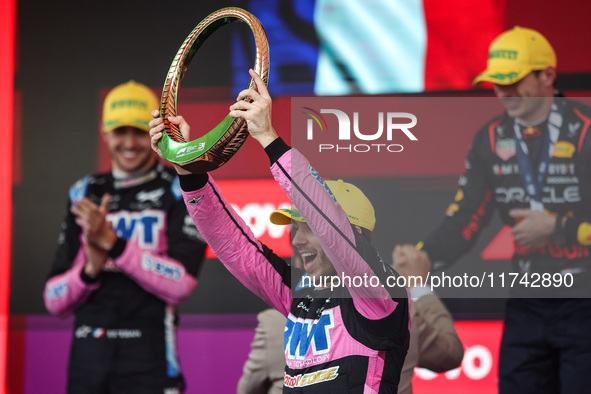 Pierre Gasly of the Alpine F1 Team A524 celebrates his podium during the Formula 1 Grand Prix of Brazil at Autodromo Jose Carlos Pace in Sao...