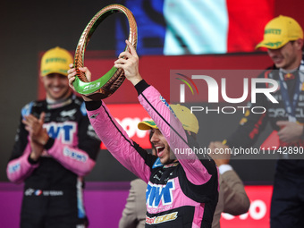 Pierre Gasly of the Alpine F1 Team A524 celebrates his podium during the Formula 1 Grand Prix of Brazil at Autodromo Jose Carlos Pace in Sao...