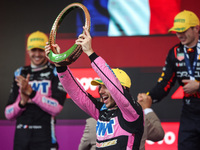 Pierre Gasly of the Alpine F1 Team A524 celebrates his podium during the Formula 1 Grand Prix of Brazil at Autodromo Jose Carlos Pace in Sao...