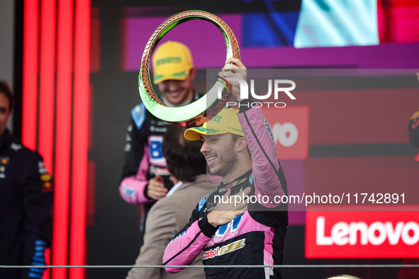 Pierre Gasly of the Alpine F1 Team A524 celebrates his podium during the Formula 1 Grand Prix of Brazil at Autodromo Jose Carlos Pace in Sao...