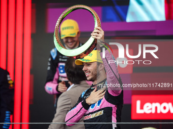 Pierre Gasly of the Alpine F1 Team A524 celebrates his podium during the Formula 1 Grand Prix of Brazil at Autodromo Jose Carlos Pace in Sao...