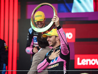 Pierre Gasly of the Alpine F1 Team A524 celebrates his podium during the Formula 1 Grand Prix of Brazil at Autodromo Jose Carlos Pace in Sao...