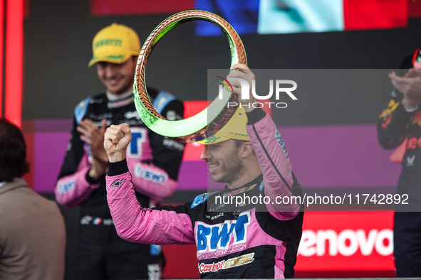 Pierre Gasly of the Alpine F1 Team A524 celebrates his podium during the Formula 1 Grand Prix of Brazil at Autodromo Jose Carlos Pace in Sao...