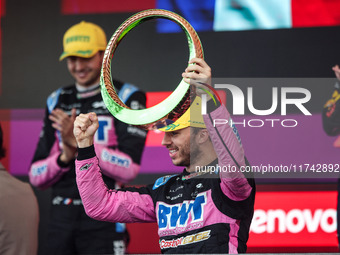 Pierre Gasly of the Alpine F1 Team A524 celebrates his podium during the Formula 1 Grand Prix of Brazil at Autodromo Jose Carlos Pace in Sao...