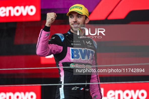 Pierre Gasly of the Alpine F1 Team A524 celebrates his podium during the Formula 1 Grand Prix of Brazil at Autodromo Jose Carlos Pace in Sao...