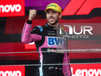 Pierre Gasly of the Alpine F1 Team A524 celebrates his podium during the Formula 1 Grand Prix of Brazil at Autodromo Jose Carlos Pace in Sao...