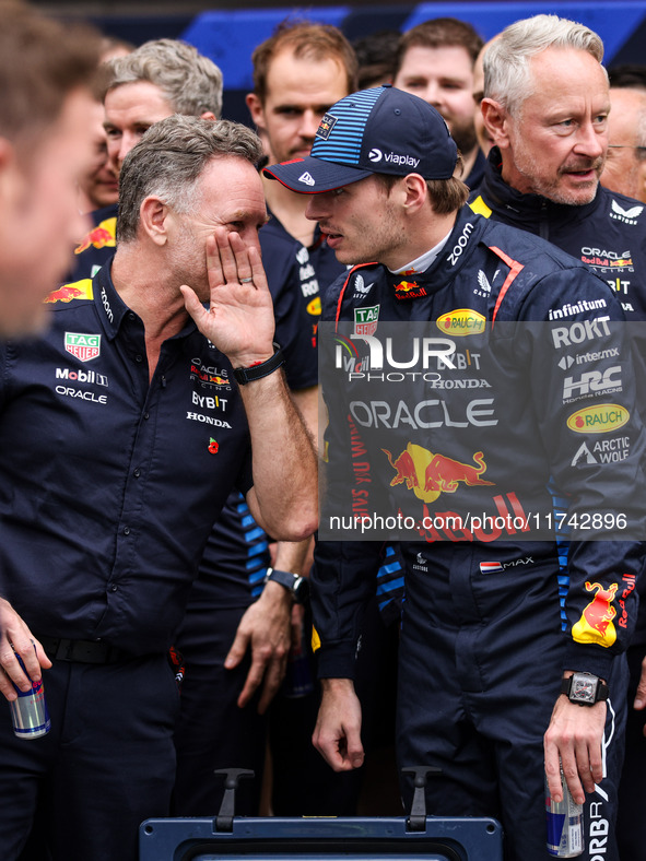 Christian Horner, Team Principal of Red Bull Racing, and Max Verstappen of Red Bull Racing RB20 pose for a portrait during the Formula 1 Gra...