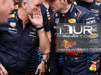 Christian Horner, Team Principal of Red Bull Racing, and Max Verstappen of Red Bull Racing RB20 pose for a portrait during the Formula 1 Gra...