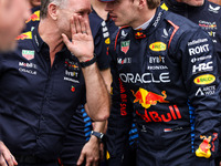 Christian Horner, Team Principal of Red Bull Racing, and Max Verstappen of Red Bull Racing RB20 pose for a portrait during the Formula 1 Gra...