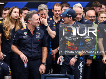 Christian Horner, Team Principal of Red Bull Racing, and Max Verstappen of Red Bull Racing RB20 pose for a portrait during the Formula 1 Gra...