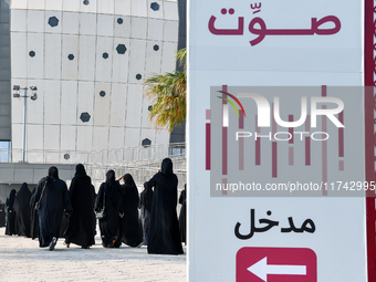 Qatari women arrive at a polling station in Doha, Qatar, on November 5, 2024, to cast their votes in a general referendum on constitutional...