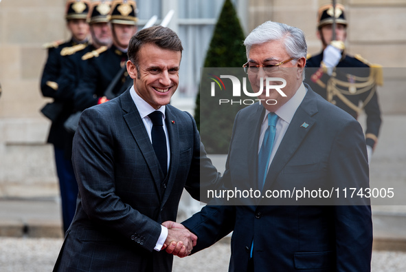 President of the Republic Emmanuel Macron receives Kassym-Jomart Tokaiev, President of the Republic of Kazakhstan, at the Elysee Palace in P...