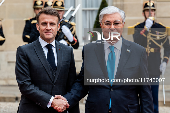 President of the Republic Emmanuel Macron receives Kassym-Jomart Tokaiev, President of the Republic of Kazakhstan, at the Elysee Palace in P...