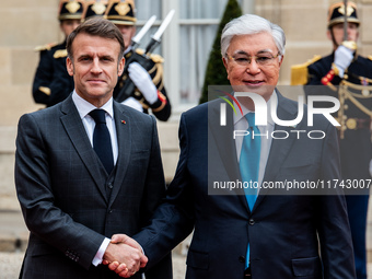 President of the Republic Emmanuel Macron receives Kassym-Jomart Tokaiev, President of the Republic of Kazakhstan, at the Elysee Palace in P...