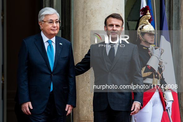 President of the Republic Emmanuel Macron receives Kassym-Jomart Tokaiev, President of the Republic of Kazakhstan, at the Elysee Palace in P...