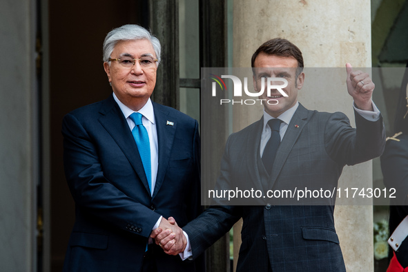 President of the Republic Emmanuel Macron receives Kassym-Jomart Tokaiev, President of the Republic of Kazakhstan, at the Elysee Palace in P...