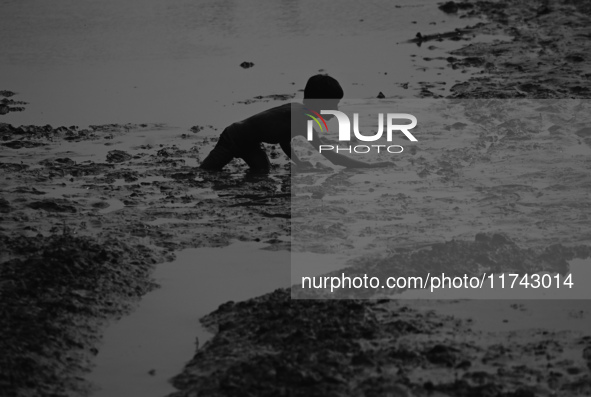 A boy catches fish in the polluted water on the banks of the river Ganges in Prayagraj, India, on November 5, 2024. 