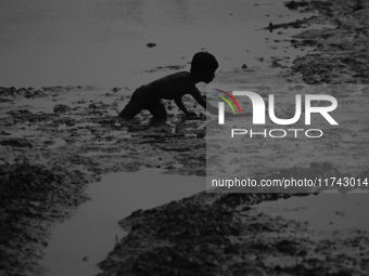 A boy catches fish in the polluted water on the banks of the river Ganges in Prayagraj, India, on November 5, 2024. (