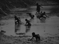 Boys catch fish in the polluted water on the banks of the river Ganges in Prayagraj, India, on November 5, 2024. (