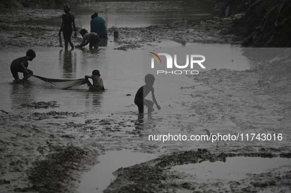 Boys catch fish in the polluted water on the banks of the river Ganges in Prayagraj, India, on November 5, 2024. 