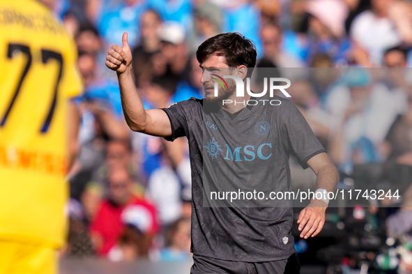 Khvicha Kvaratskhelia of SSC Napoli gestures during the serie Serie A Enilive match between SSC Napoli and Atalanta BC at Stadio Diego Arman...