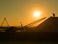 A photo taken on November 5, 2024, shows the sea salt storage yard of the autumn harvest at the Dongfeng Salt Yard of Hetao Street in the Ch...