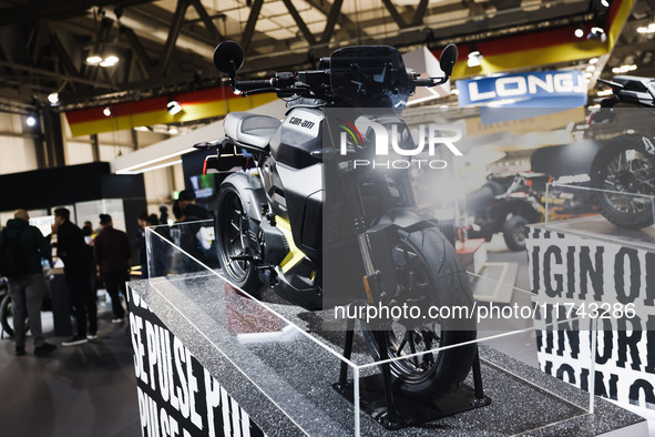 A general view of a motorcycle display at the exhibition stand during the inauguration of the 110th edition of EICMA Milan Motorcycle Show a...