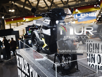 A general view of a motorcycle display at the exhibition stand during the inauguration of the 110th edition of EICMA Milan Motorcycle Show a...