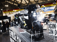 A general view of a motorcycle display at the exhibition stand during the inauguration of the 110th edition of EICMA Milan Motorcycle Show a...