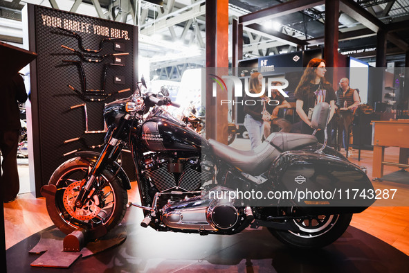 A general view of a motorcycle display at the Harley-Davidson stand during the inauguration of the 110th edition of EICMA Milan Motorcycle S...