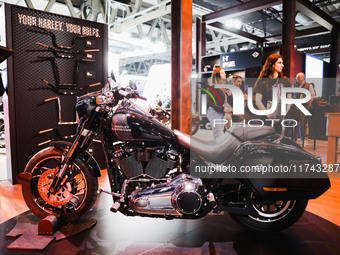 A general view of a motorcycle display at the Harley-Davidson stand during the inauguration of the 110th edition of EICMA Milan Motorcycle S...