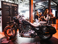 A general view of a motorcycle display at the Harley-Davidson stand during the inauguration of the 110th edition of EICMA Milan Motorcycle S...