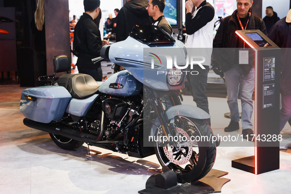 A general view of a motorcycle display at the Harley-Davidson stand during the inauguration of the 110th edition of EICMA Milan Motorcycle S...