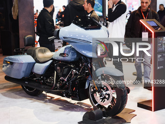 A general view of a motorcycle display at the Harley-Davidson stand during the inauguration of the 110th edition of EICMA Milan Motorcycle S...