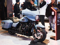 A general view of a motorcycle display at the Harley-Davidson stand during the inauguration of the 110th edition of EICMA Milan Motorcycle S...