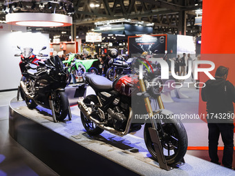 A general view of a motorcycle display at the Lenovo stand during the inauguration of the 110th edition of the EICMA Milan Motorcycle Show a...