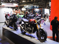 A general view of a motorcycle display at the Lenovo stand during the inauguration of the 110th edition of the EICMA Milan Motorcycle Show a...