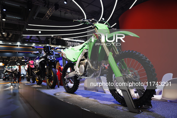 A general view of a motorcycle display at the Lenovo stand during the inauguration of the 110th edition of the EICMA Milan Motorcycle Show a...